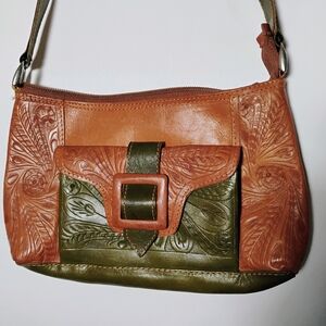 Leaders In Leather Handmade Western Tooled Leather Shoulder Bag Tan Green Boho